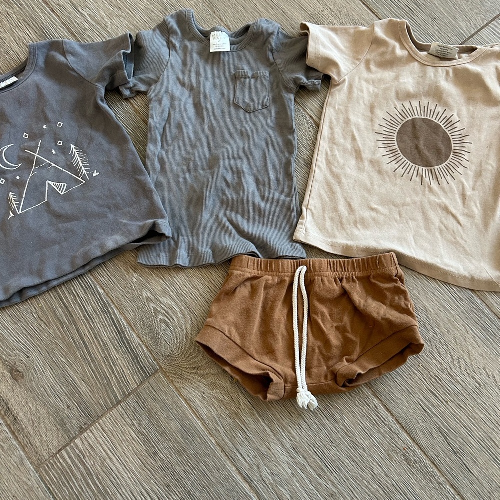 Kids Matching Set - Neutral Gray, Beige & Brown Tee + Brown Shorts
